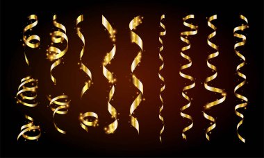 Altın konfeti. Yılan sarmalı kurdeleler. Altın lüks parti dekorasyonu. Yıldönümü, Noel ve yeni yıl kartı için. Satılık flamalar, düğün davetiyeleri. Vektör illüstrasyonu EPS10.