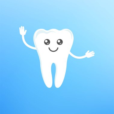 Şirin, sağlıklı, mutlu, gülümseyen ve el sallayan bir diş. Gülen komik dişli karakterler. Diş sağlığı, dişçilik konsepti. Ağız temizliği. Çocuk kliniği için düz çizgi film vektör çizimi.