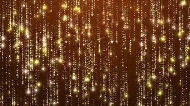 Siyah Altın yaldızlı yağmurlu arka plan animasyonu. Parlayan altın yıldızlar ve yanıp sönen kıvılcımlar. Lüks Noel ışıkları bg. Parlak parıltılı konfeti süslemesi. En iyi video tasarımı ödülü.