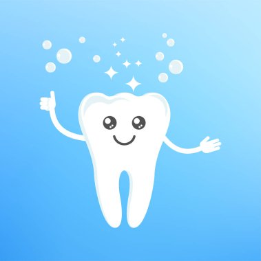 Şirin, sağlıklı, mutlu, gülümseyen ve el sallayan bir diş. Gülen komik dişli karakterler. Diş sağlığı, dişçilik konsepti. Ağız temizliği. Çocuk kliniği için düz çizgi film vektör çizimi.