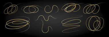 Altın karalama soyut çizgisi. Elle çizilmiş kıvırcık kıvrımlar, yumruklar ve saldırılar. Üç boyutlu dalga, altın girdap. Kıvrımlı altı ya da üstü çizili. Vektör eps10 illüstrasyonu.