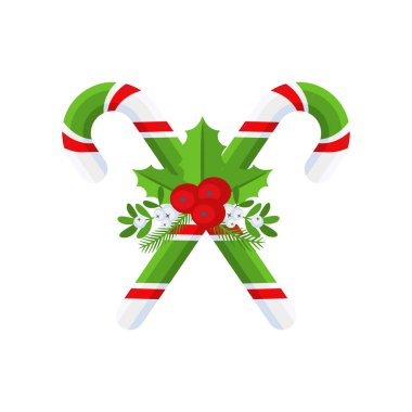 Noel Şeker Çubuğu ve çoban üzümü. Kapı çelengi dekorasyonu için tasarım elemanı. Tebrik kartları için bayram ikonu. Düz vektör çubuk çizimi beyaza izole edildi.