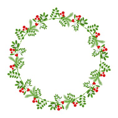 Noel çiçekli çelenk çerçevesi. Spruce Evergreen şubesi, poinsettia ve Holly berry. Tebrik kartları, posterler ve şablonlar için kış tatili süsü. Düz çizgi film vektör simgesi.