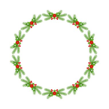 Noel çiçekli çelenk çerçevesi. Spruce Evergreen şubesi, poinsettia ve Holly berry. Tebrik kartları, posterler ve şablonlar için kış tatili süsü. Düz çizgi film vektör simgesi.
