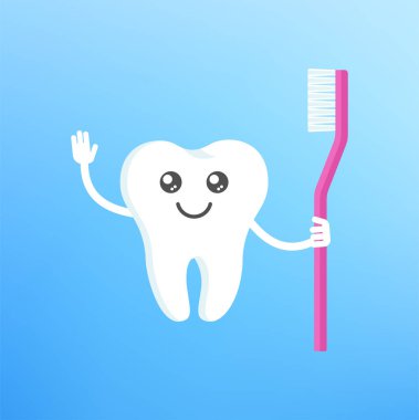 Şirin, sağlıklı, gülümseyen, diş fırçası tutan ve neşeyle el sallayan bir diş. Diş sağlığı, dişçilik konsepti. Ağız temizliği. Çocuk kliniği için düz çizgi film vektör çizimi.