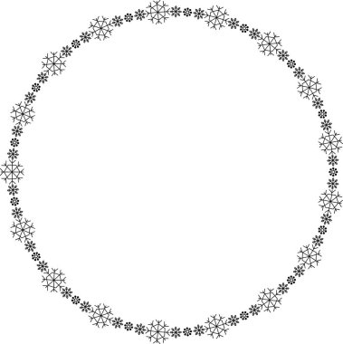 Kar tanesi dairesi çerçevesi. Sınırda kar taneleri var. Noel ve Yeni Yıl tebrik kartları ve afişler için tasarım malzemeleri. Beyaz arkaplanda tatil dekorasyonu izole edildi.