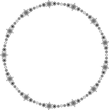 Kar tanesi dairesi çerçevesi. Sınırda kar taneleri var. Noel ve Yeni Yıl tebrik kartları ve afişler için tasarım malzemeleri. Beyaz arkaplanda tatil dekorasyonu izole edildi.