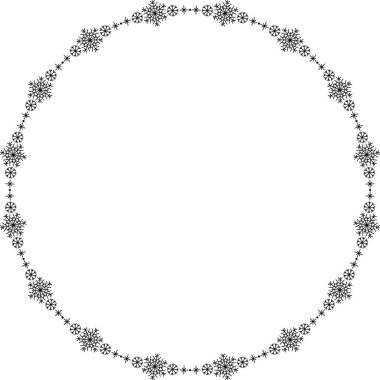 Kar tanesi dairesi çerçevesi. Sınırda kar taneleri var. Noel ve Yeni Yıl tebrik kartları ve afişler için tasarım malzemeleri. Beyaz arkaplanda tatil dekorasyonu izole edildi.