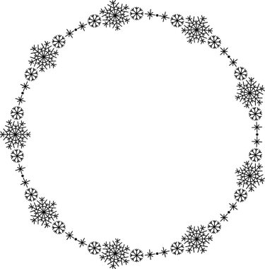 Kar tanesi dairesi çerçevesi. Sınırda kar taneleri var. Noel ve Yeni Yıl tebrik kartları ve afişler için tasarım malzemeleri. Beyaz arkaplanda tatil dekorasyonu izole edildi.