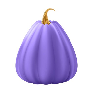 Üç boyutlu gerçekçi balkabağı. Altın saplı mor balkabağı. Cadılar Bayramı ve Şükran Günü dekorasyonu. Sonbahar indirimi afiş tasarım elementi. Vektör illüstrasyonu EPS10 beyaz arkaplanda izole edildi.