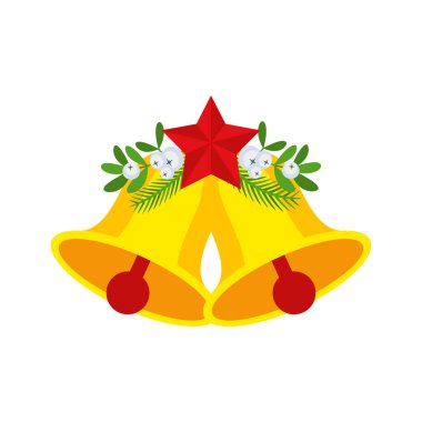 Kırmızı yıldızlı ve çiçekli iki Noel çanı. Kapı çelengi tasarım elementi. Tebrik kartları, posterler ve şablonlar için kış tatili süsü. Beyaz arkaplanda düz çizgi film vektör simgesi.