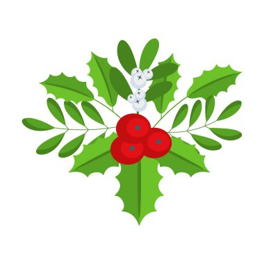 Noel çiçekli sınırı. Spruce Evergreen şubesi, poinsettia ve Holly berry. Tebrik kartları, posterler ve şablonlar için kış tatili süsü. Düz çizgi film vektör etiketi.