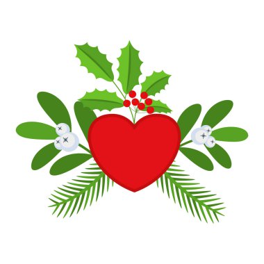 Noel çelengi tasarımı. Spruce Evergreen şubesi, kalp ve çoban üzümü. Kırmızı kurdeleler, hediye kutuları ve kalp. Tebrik kartları için kış tatili süsü. Düz çizgi film vektör simgesi.