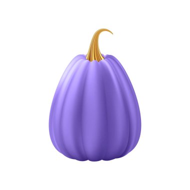 Üç boyutlu gerçekçi balkabağı. Altın saplı mor balkabağı. Cadılar Bayramı ve Şükran Günü dekorasyonu. Sonbahar indirimi afiş tasarım elementi. Vektör illüstrasyonu EPS10 beyaz arkaplanda izole edildi.