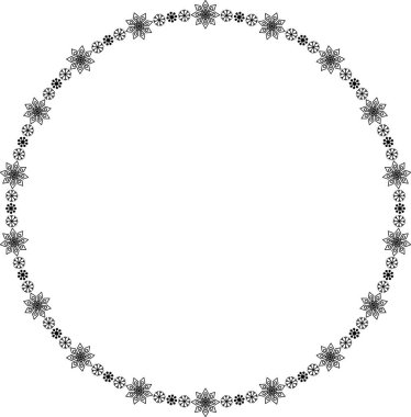 Kar tanesi dairesi çerçevesi. Sınırda kar taneleri var. Noel ve Yeni Yıl tebrik kartları ve afişler için tasarım malzemeleri. Beyaz arkaplanda tatil dekorasyonu izole edildi.