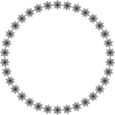 Kar tanesi dairesi çerçevesi. Sınırda kar taneleri var. Noel ve Yeni Yıl tebrik kartları ve afişler için tasarım malzemeleri. Beyaz arkaplanda tatil dekorasyonu izole edildi.