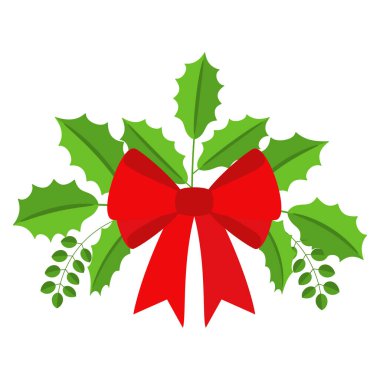 Noel çelengi tasarımı. Spruce Evergreen şubesi ve Holly Berry. Kırmızı kurdeleler, hediye kutuları ve şekerler. Tebrik kartları için kış tatili süsü. Düz çizgi film vektör simgesi.