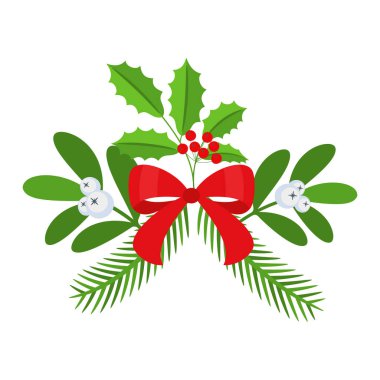 Noel çelengi tasarımı. Spruce Evergreen şubesi ve Holly Berry. Kırmızı kurdeleler, hediye kutuları ve şekerler. Tebrik kartları için kış tatili süsü. Düz çizgi film vektör simgesi.