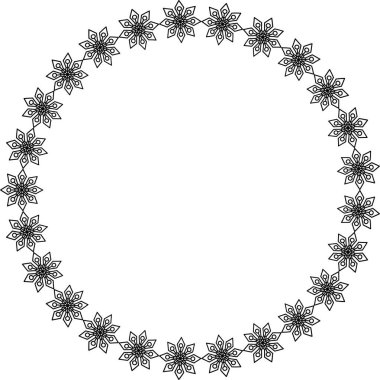 Kar tanesi dairesi çerçevesi. Sınırda kar taneleri var. Noel ve Yeni Yıl tebrik kartları ve afişler için tasarım malzemeleri. Beyaz arkaplanda tatil dekorasyonu izole edildi.