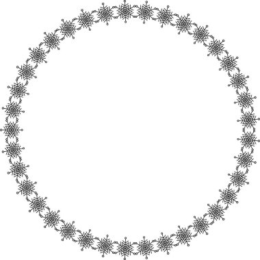 Kar tanesi dairesi çerçevesi. Sınırda kar taneleri var. Noel ve Yeni Yıl tebrik kartları ve afişler için tasarım malzemeleri. Beyaz arkaplanda tatil dekorasyonu izole edildi.