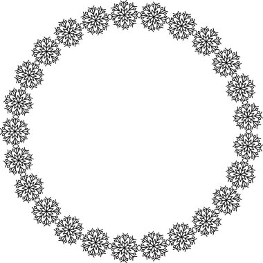 Kar tanesi dairesi çerçevesi. Sınırda kar taneleri var. Noel ve Yeni Yıl tebrik kartları ve afişler için tasarım malzemeleri. Beyaz arkaplanda tatil dekorasyonu izole edildi.