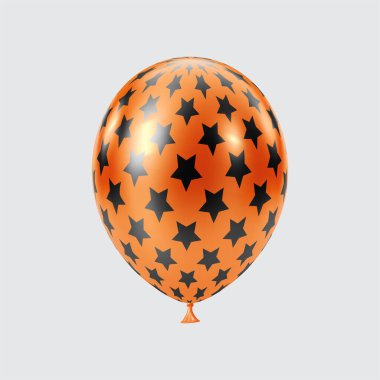Üç boyutlu siyah turuncu balon. Gerçekçi parlak balonlar. Yıldız deseni. Noel partisi, Kara Cuma, doğum günü ve yıldönümü süsü. Kutlama tasarım ögesi.