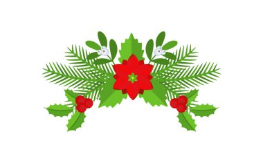 Noel çiçekli sınırı. Spruce Evergreen şubesi, poinsettia ve Holly berry. Tebrik kartları, posterler ve şablonlar için kış tatili süsü. Düz çizgi film vektör simgesi.