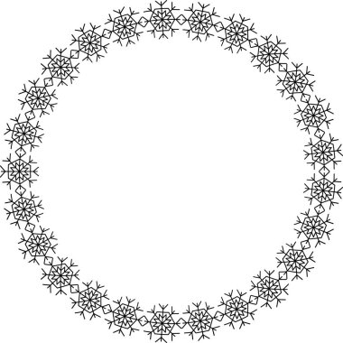 Kar tanesi dairesi çerçevesi. Sınırda kar taneleri var. Noel ve Yeni Yıl tebrik kartları ve afişler için tasarım malzemeleri. Beyaz arkaplanda tatil dekorasyonu izole edildi.