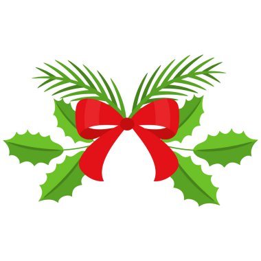 Noel çelengi tasarımı. Spruce Evergreen şubesi ve Holly Berry. Kırmızı kurdeleler, hediye kutuları ve şekerler. Tebrik kartları için kış tatili süsü. Düz çizgi film vektör simgesi.