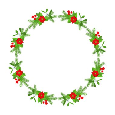 Noel çiçekli çelenk çerçevesi. Spruce Evergreen şubesi, poinsettia ve Holly berry. Tebrik kartları, posterler ve şablonlar için kış tatili süsü. Düz çizgi film vektör simgesi.