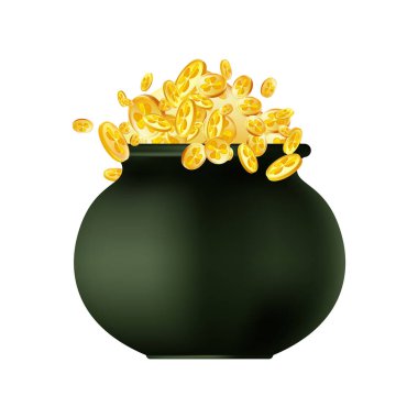 Shamrocks ve altın sikkeli 3 boyutlu gerçekçi altın kap. Siyah leprikon kazanı. İrlanda folkloru ve iyi şans tasarımı için geleneksel tasarım unsurları. Vektör İllüstrasyonu.