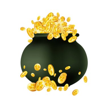 Shamrocks ve altın sikkeli 3 boyutlu gerçekçi altın kap. Siyah leprikon kazanı. İrlanda folkloru ve iyi şans tasarımı için geleneksel tasarım unsurları. Vektör İllüstrasyonu.