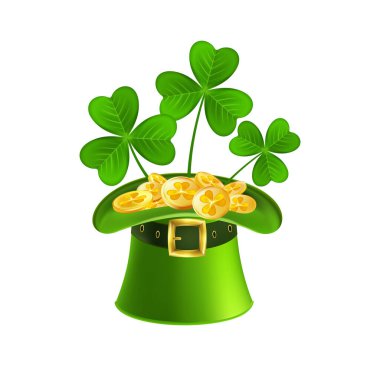 Shamrocks ve Gold Coins ile Cüce Şapka. Altın para ve yonca yapraklı şenlikli yeşil şapka. Vektör illüstrasyonu.