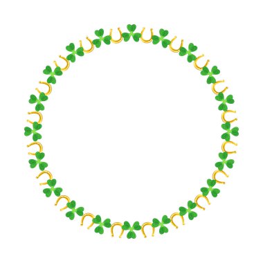 Gerçekçi Altın Şanslı At nalı çerçevesi. Vektör çizimi. Aziz Patrick geleneksel tasarım ögesi.