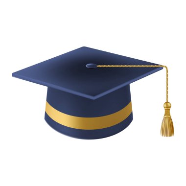 Gerçekçi Mavi mezuniyet şapkası. 3 Boyutlu Doktora Şapkası. Yüksek lisans akademik havan topu. Öğrenci diploması. Vektör illüstrasyonu.