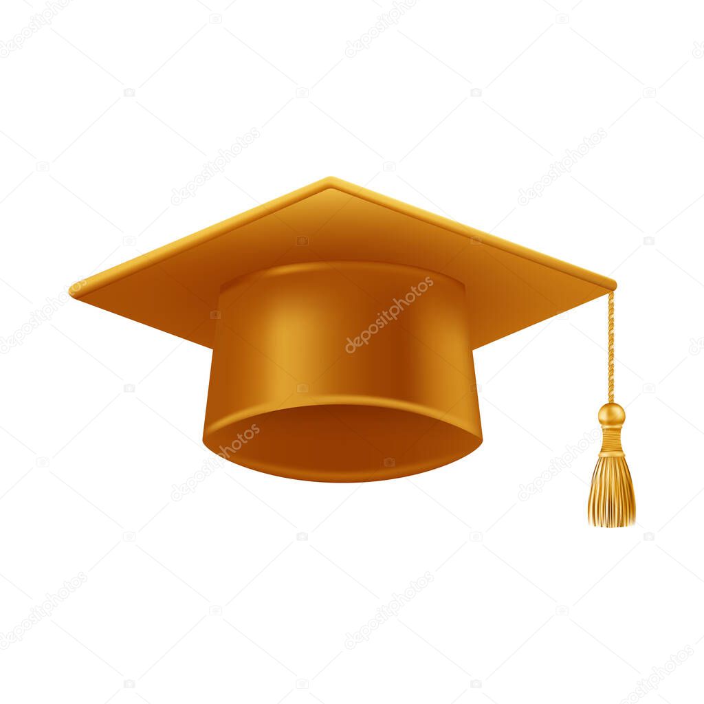 Realistic gold graduate cap. 3D Graduation Doctoral hat. PhD Academic mortarboard. Student degree board. Vector illustration.