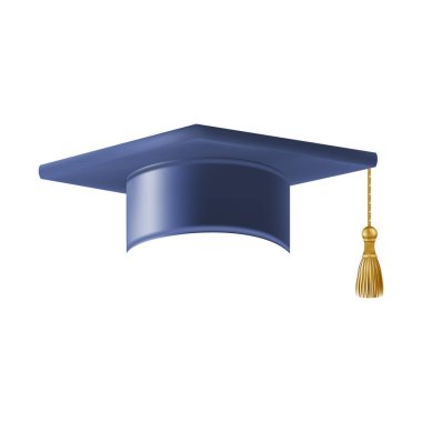 Gerçekçi Mavi mezuniyet şapkası. 3 Boyutlu Doktora Şapkası. Yüksek lisans akademik havan topu. Öğrenci diploması. Vektör illüstrasyonu.