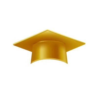 Gerçekçi altın mezuniyet şapkası. 3 Boyutlu Doktora Şapkası. Yüksek lisans akademik havan topu. Öğrenci diploması. Vektör illüstrasyonu.