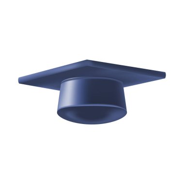 Gerçekçi Mavi mezuniyet şapkası. 3 Boyutlu Doktora Şapkası. Yüksek lisans akademik havan topu. Öğrenci diploması. Vektör illüstrasyonu.