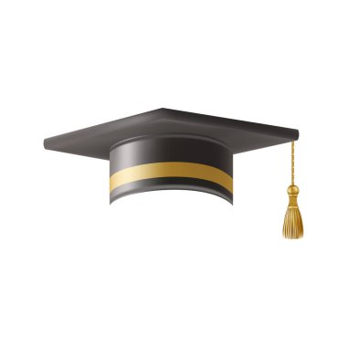 Gerçekçi siyah mezuniyet şapkası. 3 Boyutlu Doktora Şapkası. Yüksek lisans akademik havan topu. Öğrenci diploması. Vektör illüstrasyonu.