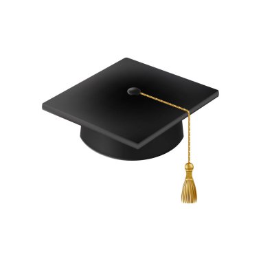Gerçekçi siyah mezuniyet şapkası. 3 Boyutlu Doktora Şapkası. Yüksek lisans akademik havan topu. Öğrenci diploması. Vektör illüstrasyonu.