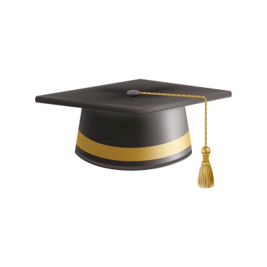 Gerçekçi siyah mezuniyet şapkası. 3 Boyutlu Doktora Şapkası. Yüksek lisans akademik havan topu. Öğrenci diploması. Vektör illüstrasyonu.