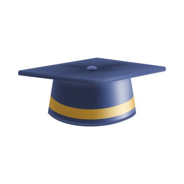 Gerçekçi Mavi mezuniyet şapkası. 3 Boyutlu Doktora Şapkası. Yüksek lisans akademik havan topu. Öğrenci diploması. Vektör illüstrasyonu.
