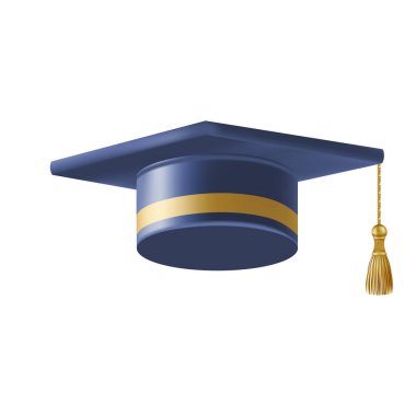 Gerçekçi Mavi mezuniyet şapkası. 3 Boyutlu Doktora Şapkası. Yüksek lisans akademik havan topu. Öğrenci diploması. Vektör illüstrasyonu.