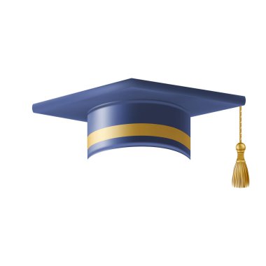 Gerçekçi Mavi mezuniyet şapkası. 3 Boyutlu Doktora Şapkası. Yüksek lisans akademik havan topu. Öğrenci diploması. Vektör illüstrasyonu.