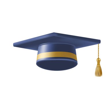 Gerçekçi Mavi mezuniyet şapkası. 3 Boyutlu Doktora Şapkası. Yüksek lisans akademik havan topu. Öğrenci diploması. Vektör illüstrasyonu.