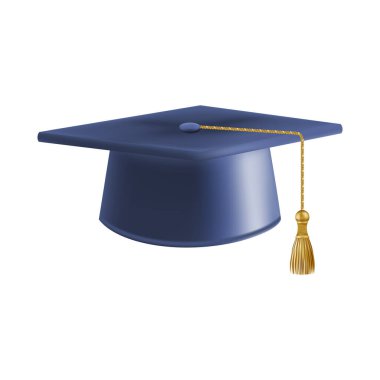 Gerçekçi Mavi mezuniyet şapkası. 3 Boyutlu Doktora Şapkası. Yüksek lisans akademik havan topu. Öğrenci diploması. Vektör illüstrasyonu.