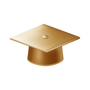 Gerçekçi altın mezuniyet şapkası. 3 Boyutlu Doktora Şapkası. Yüksek lisans akademik havan topu. Öğrenci diploması. Vektör illüstrasyonu.