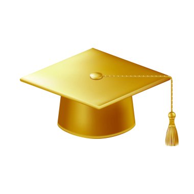 Gerçekçi altın mezuniyet şapkası. 3 Boyutlu Doktora Şapkası. Yüksek lisans akademik havan topu. Öğrenci diploması. Vektör illüstrasyonu.