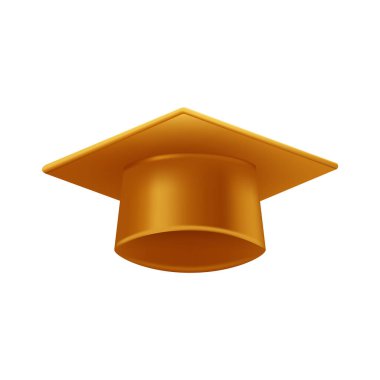 Gerçekçi altın mezuniyet şapkası. 3 Boyutlu Doktora Şapkası. Yüksek lisans akademik havan topu. Öğrenci diploması. Vektör illüstrasyonu.